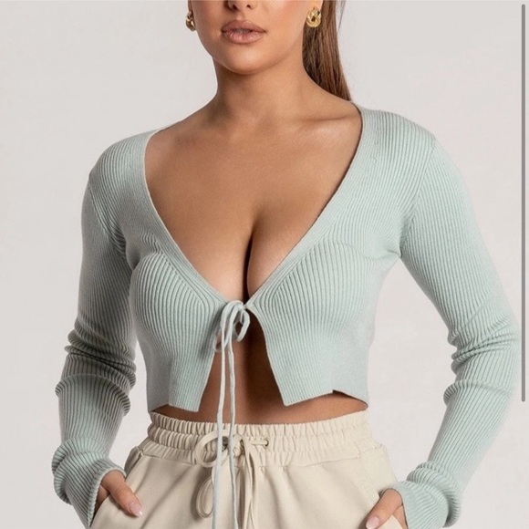 Meshki Ribbed Tie Front Crop Top - Picture 2 of 4